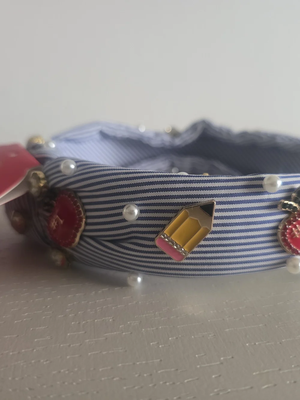 Piper K Striped Headband with Pencil, Apple, and Pearl Charms